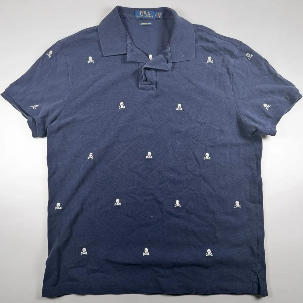 Polo Ralph Lauren Skull Crossbones Polo Shirt Mens L Custom Slim Fit Navy